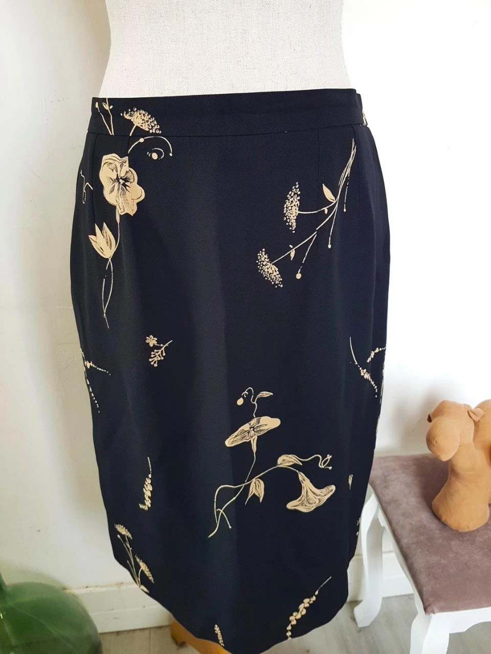 🖤Jupe Crayon Chic Noire Motifs Beige, Vintage Weill (T42)